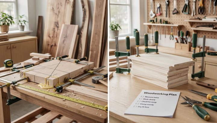 Common beginner woodworking mistakes shown on a small workshop bench