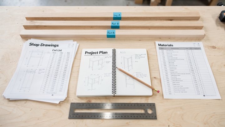 Woodworking project planning setup showing plans, cut list, and labeled materials