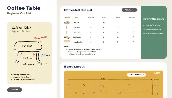 Beginner woodworking cut-list errors compared with a corrected cut-list layout
