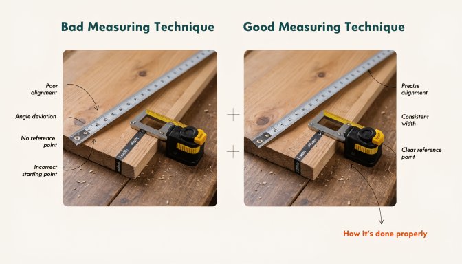 Woodworking measuring tools showing accurate and inaccurate marking methods