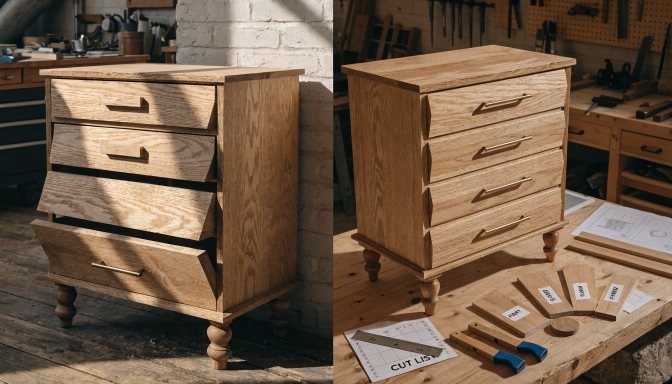 Failed DIY wood project compared with a well-planned finished build