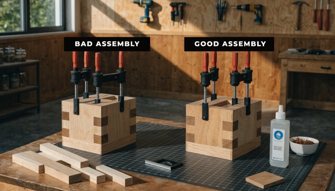 Woodworking assembly setup showing dry fit and square-check steps