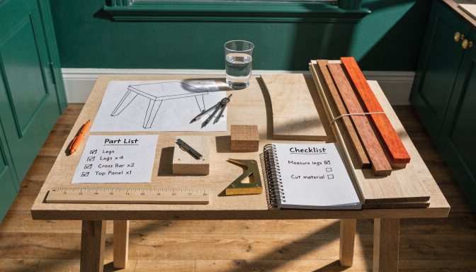 Beginner woodworking project planning setup with notes and labeled materials