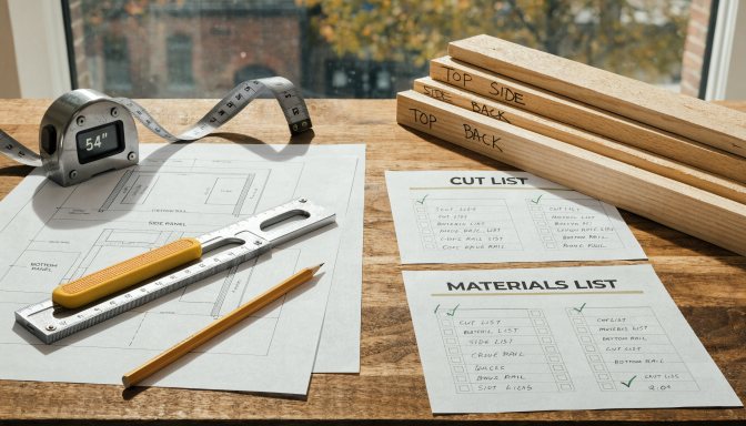 Woodworking project planning checklist laid out on a clean workbench