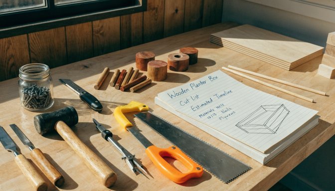 Project planning notes and materials laid out for a DIY woodworking build