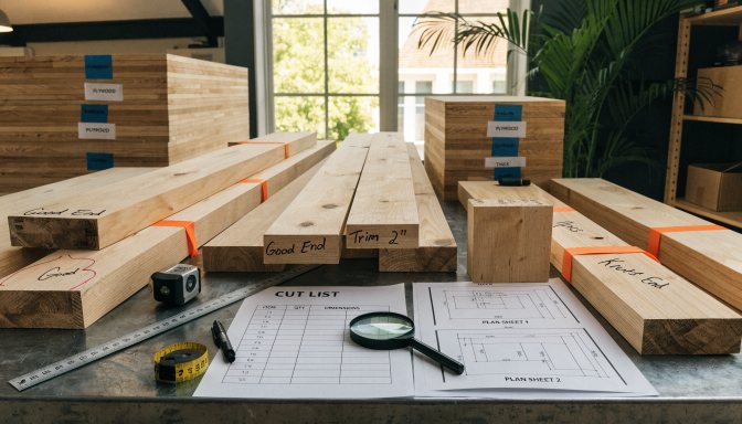 Final woodworking project checklist on a bench before cutting begins