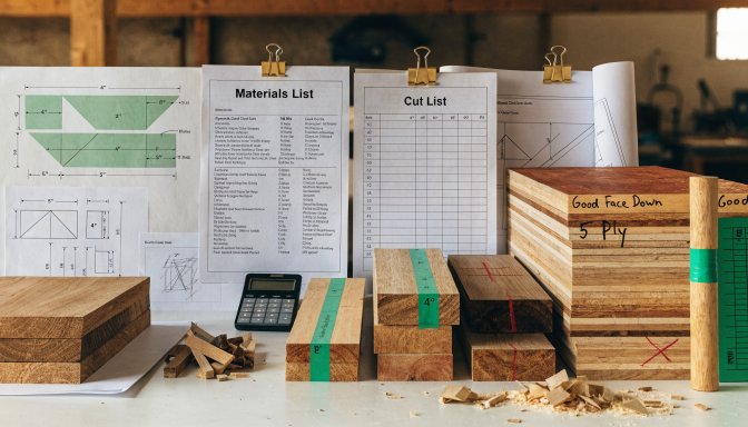 Material planning setup for a woodworking project with lists and grouped lumber
