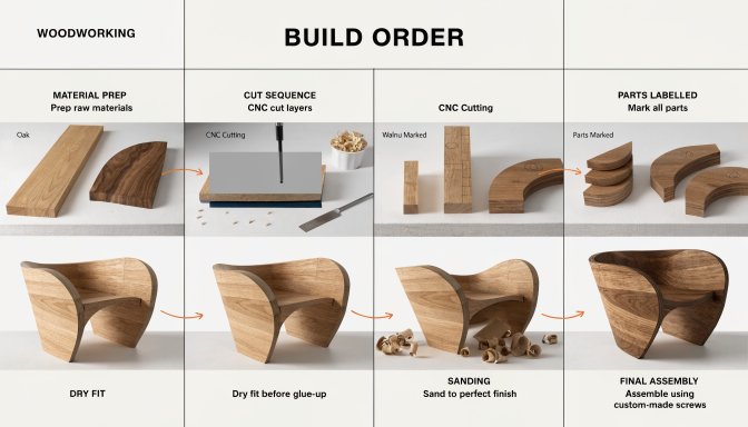 Woodworking build order planning steps arranged on a clean workbench