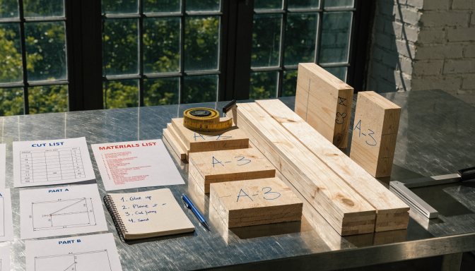 Step-by-step woodworking project planning setup on a clean workbench