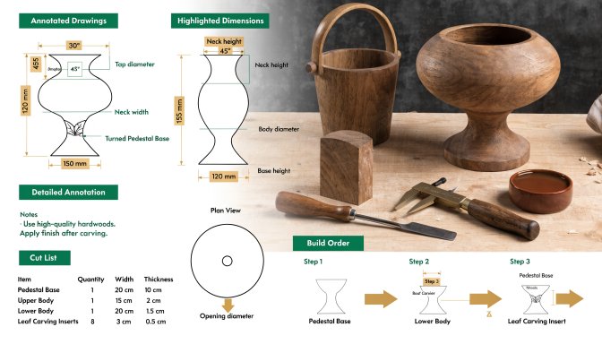 Annotated woodworking plans being reviewed before a build starts