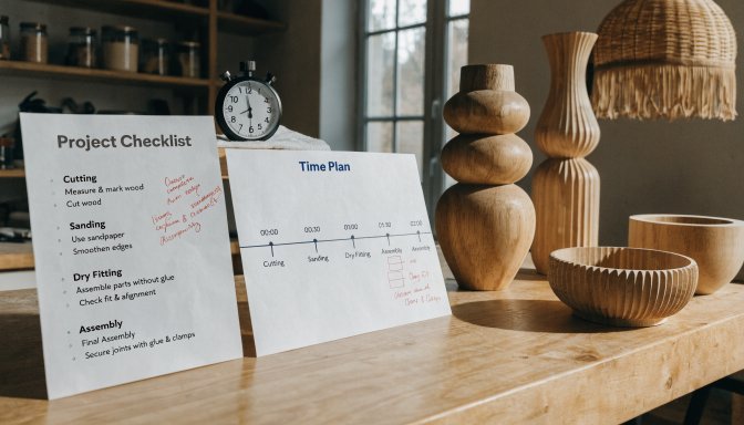 Time estimate planning for a woodworking project with stages and checklist