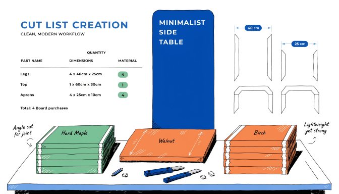 Creating a woodworking cut list from project drawings and part dimensions