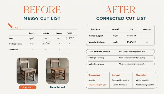 Common woodworking cut list mistakes compared with a corrected list