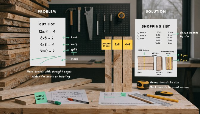 Buying lumber from a cut list with grouped board sizes and planning notes