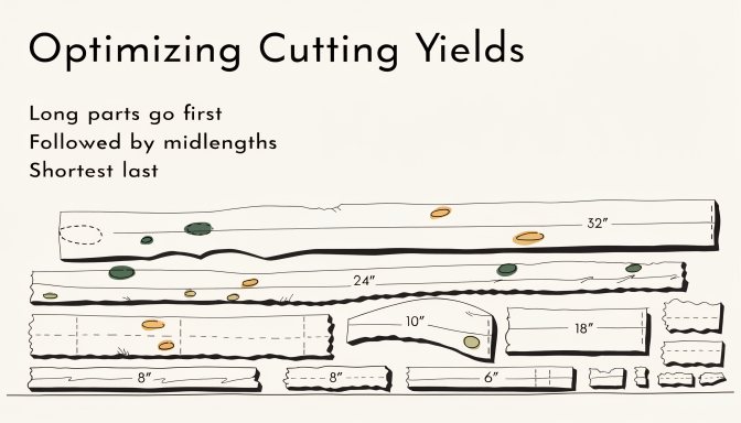 Lumber optimization layout showing efficient board use for woodworking parts