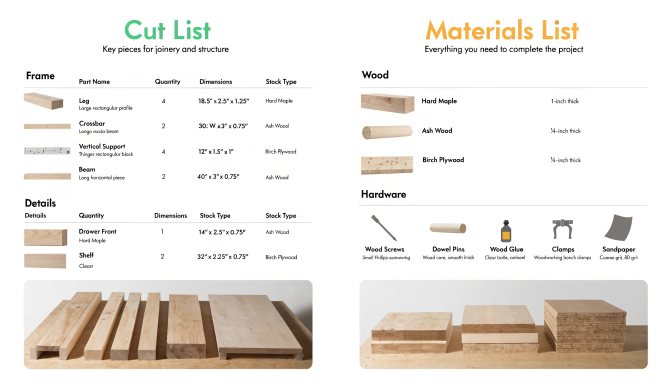 Side-by-side comparison of a woodworking cut list and materials list