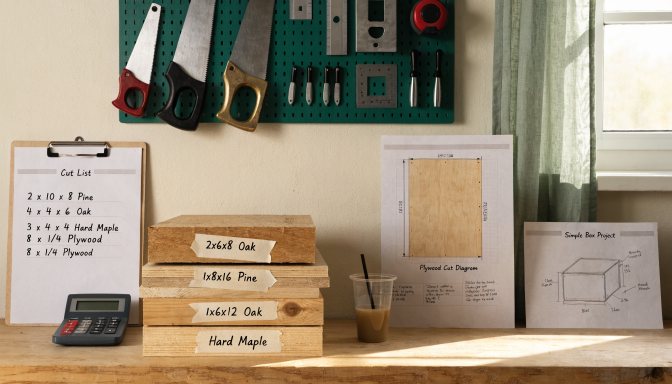Woodworking project cost reduction plan with materials list and cut layout on a bench