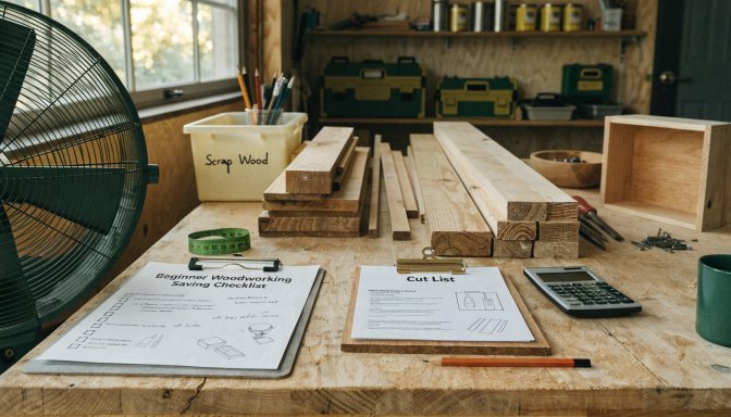 Money-saving woodworking tips for beginners shown with a checklist and simple project materials