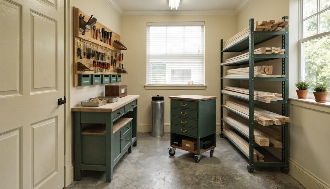 Small woodshop organized with wall storage, labeled bins, and a clear workbench