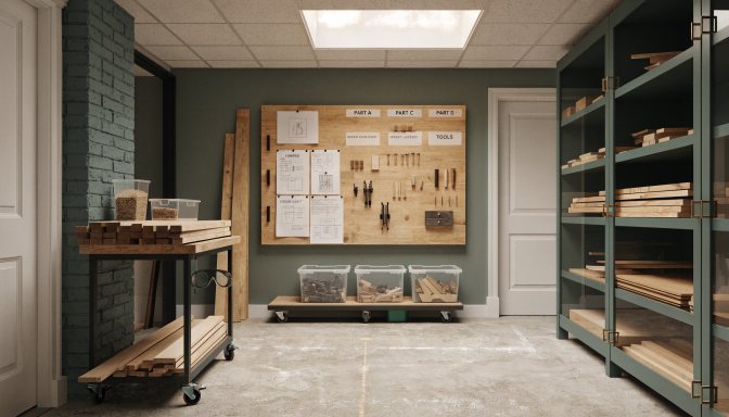 Compact woodshop project planning tips shown with a small-shop layout and staged project parts