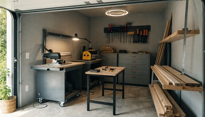 Efficient small shop woodworking setup with mobile tools and clear workflow zones
