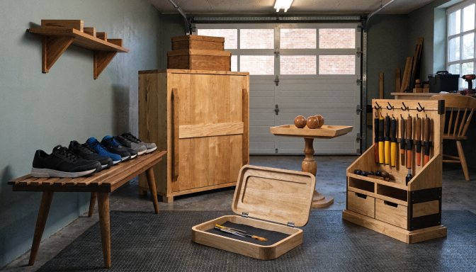 Small garage woodworking project ideas displayed in a compact garage workshop
