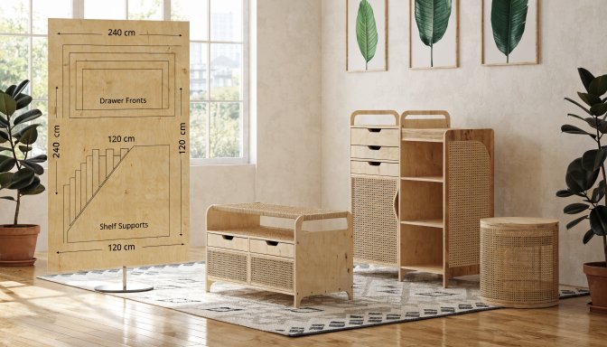 Multiple woodworking parts planned from fewer materials with an efficient cut map