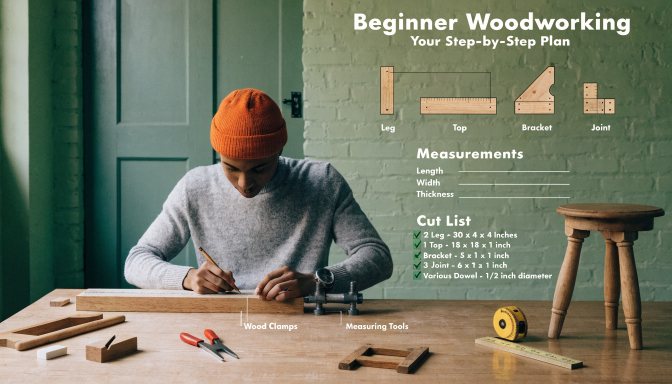Smart woodworking tips for beginners shown with planning tools and a simple finished build