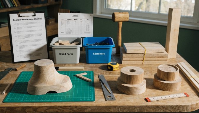 Woodworking systems for beginners with labeled parts, checklist, and staged project workflow