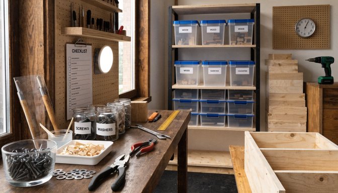 Reducing frustration in woodworking with organized plans, labeled parts, and a clean bench