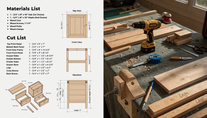 Woodworking plans with materials list and cut list laid out beside project parts