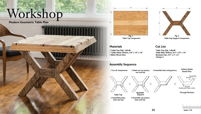 Detailed woodworking plans with cut list and assembly notes beside a project in progress