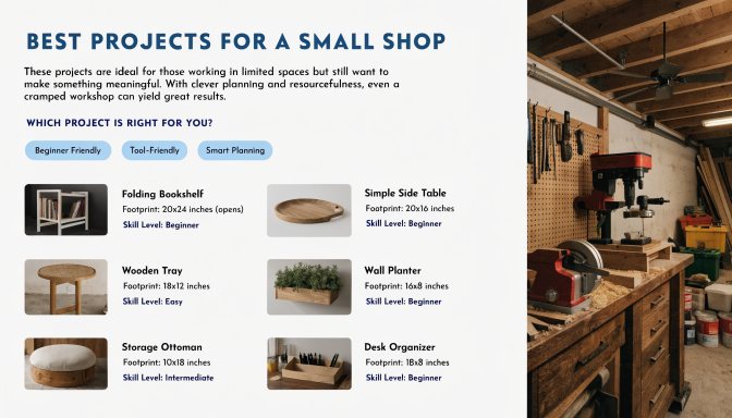 Small shop project selection guide comparing woodworking builds by footprint and complexity
