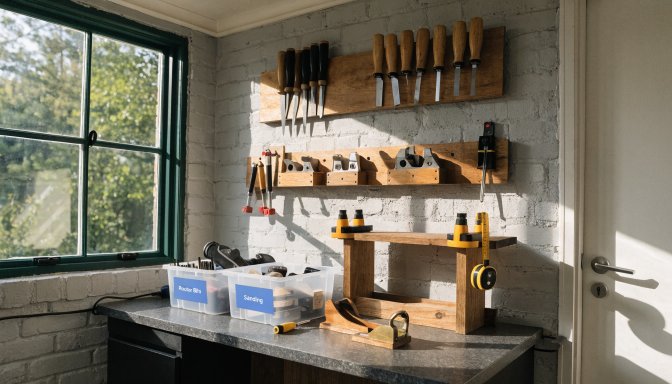 Woodworking with limited tool space in a compact and organized workshop